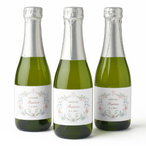 Elegant Floral Frame Baptism Sparkling Wine Label