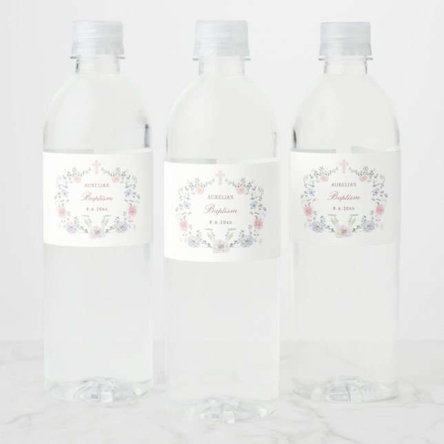 Elegant Floral Frame Baptism Water Bottle Label (Bottles)