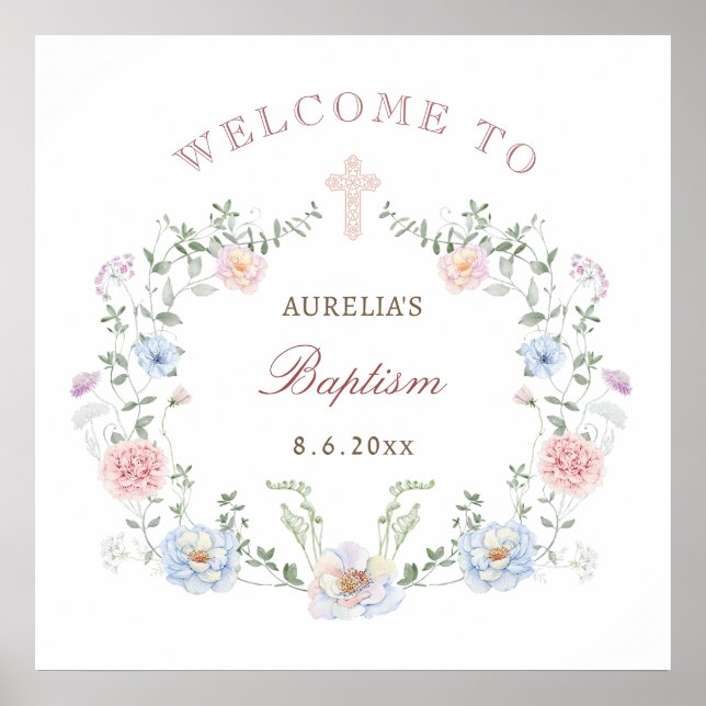 Elegant Floral Frame Baptism Welcome Poster (Front)