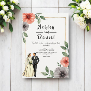 Elegant Floral Frame Bride And Groom Chic Wedding Invitation