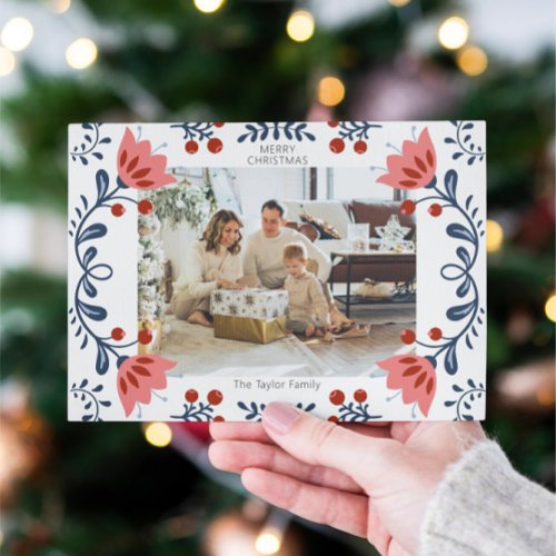 Elegant Floral Frame Christmas One Photo Holiday Card
