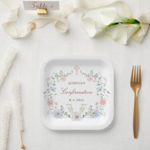 Elegant Floral Frame Confirmation Paper Plates