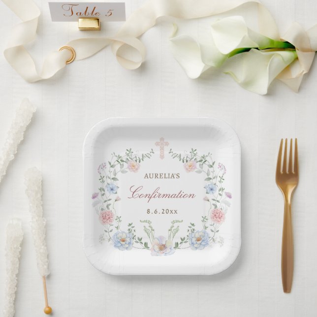 Elegant Floral Frame Confirmation Paper Plates (Wedding)