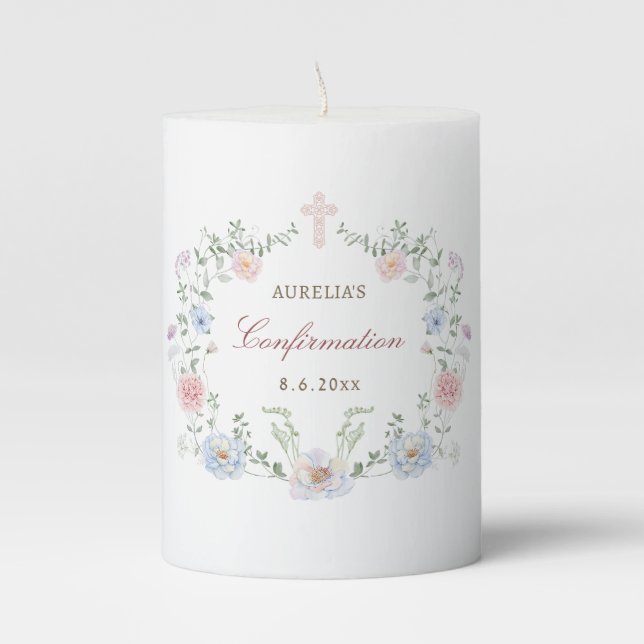 Elegant Floral Frame Confirmation Pillar Candle (Front)