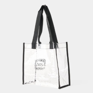Elegant Floral Frame Custom Initial Name Gray  Clear Tote Bag