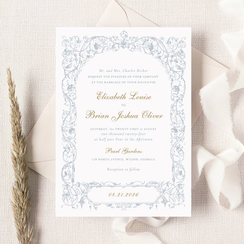 Elegant Floral Frame Dusty Blue Vintage Wedding Invitation