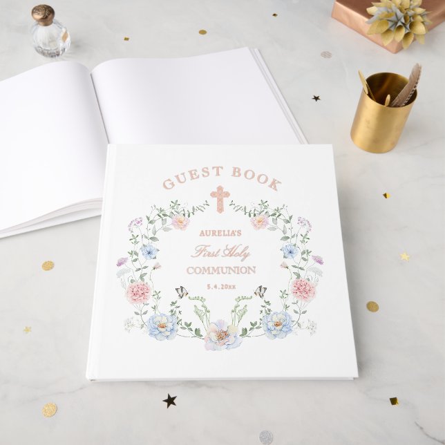 Elegant Floral Frame First Communion Foil Guest Book (Front Open)