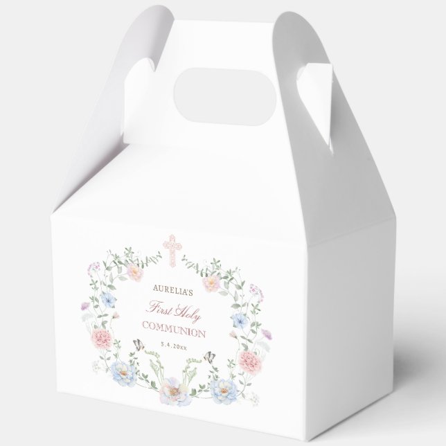 Elegant Floral Frame First Communion Gable Favor Boxes (Front)