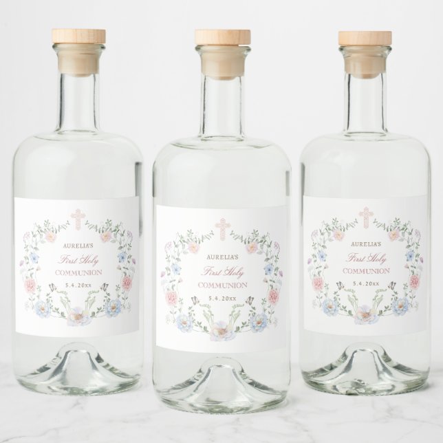 Elegant Floral Frame First Communion Liquor Bottle Label (Bottles)