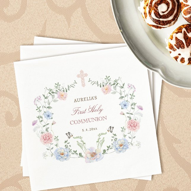 Elegant Floral Frame First Communion Napkins (Creator Uploaded)