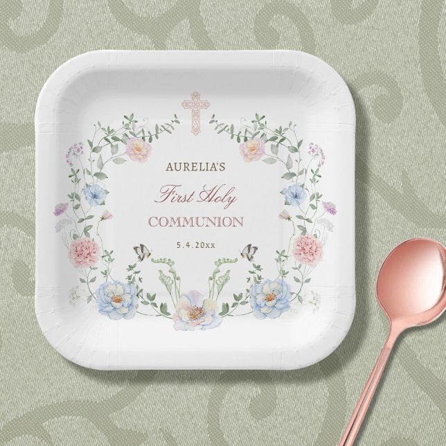 Elegant Floral Frame First Communion Paper Plates (Creator Uploaded)