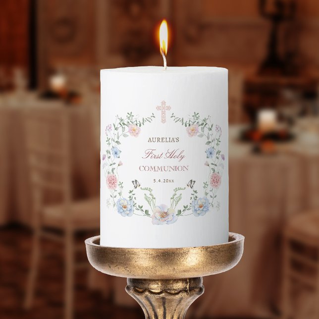 Elegant Floral Frame First Communion Pillar Candle (Creator Uploaded)