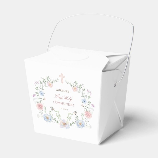 Elegant Floral Frame First Communion Take Out Favor Boxes (Front Side)