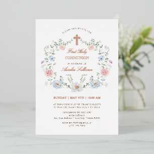 Elegant Floral Frame First Holy Communion Foil Invitation