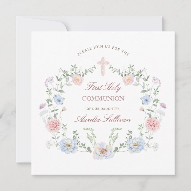 Elegant Floral Frame First Holy Communion Square Invitation (Front)