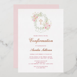 Elegant Floral Frame Holy Cross Confirmation Foil Invitation