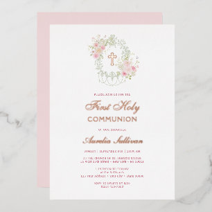 Elegant Floral Frame Holy Cross First Communion Foil Invitation