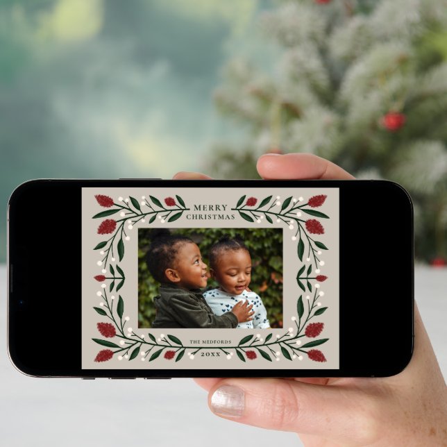 Elegant Floral Frame Horizontal Christmas Photo  Holiday Card (Front Digital)