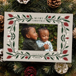 Elegant Floral Frame Horizontal Christmas Photo  Holiday Card<br><div class="desc">This gorgeous holiday photo card conjures up all the cozy Christmas feelings, boasting a hand drawn floral frame in traditional Christmas colors of deep green, burgundy red, and ivory over a custom color background (shown in sand beige). The back of the card contains more text templates for a personalized message,...</div>
