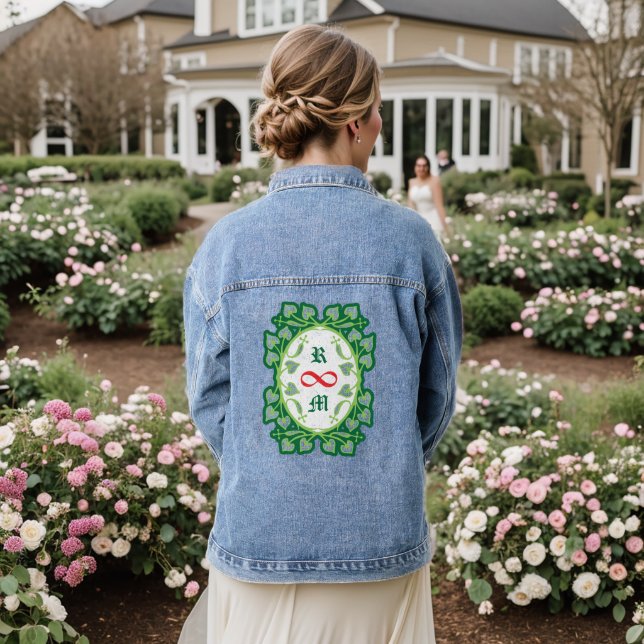 Elegant Floral Frame Infinity Love Personalized Denim Jacket (Wedding Back)