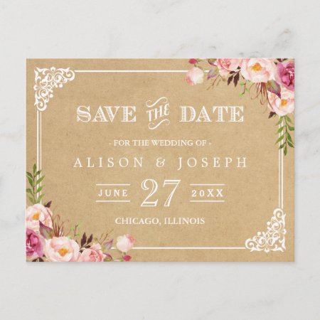 Elegant Floral Frame Kraft Wedding Save The Date Announcement Postcard