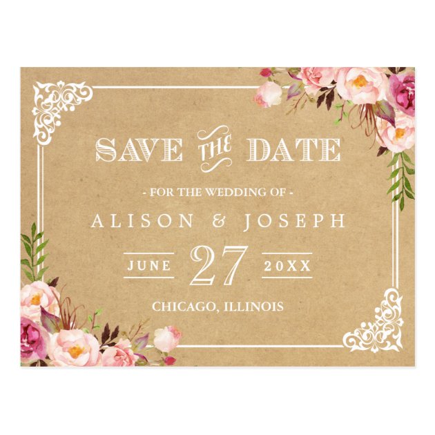 Elegant Floral Frame Kraft Wedding Save The Date Postcard