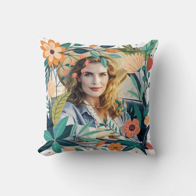 Elegant Floral Frame Personalized Photo  Throw Pillow (Front)