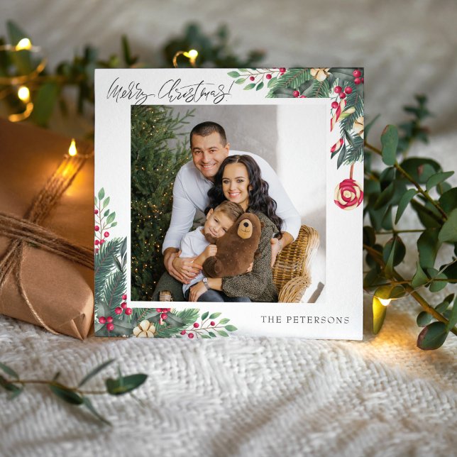 Elegant Floral Frame Photo Christmas Card (Merry Christmas Elegant Christmas Greeting Photo Holiday Card surrounded with holiday decoration.)