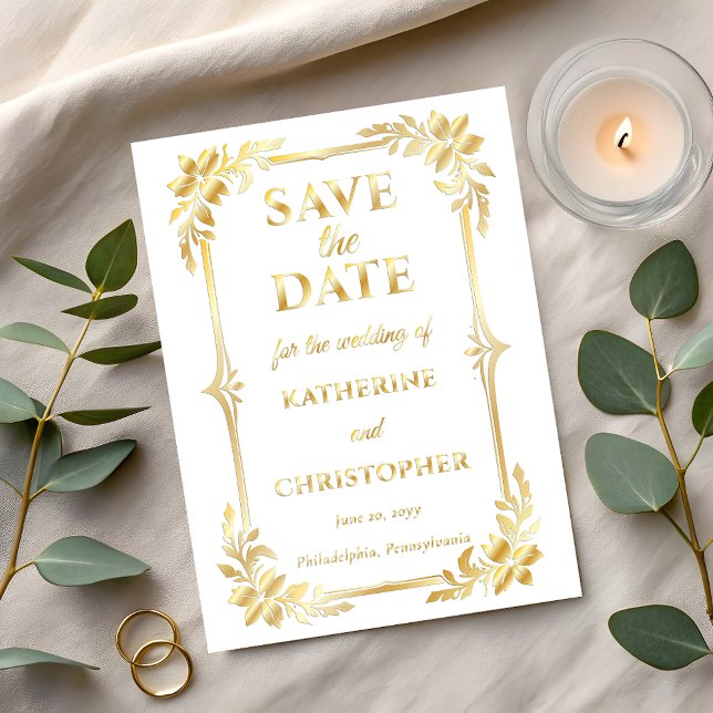 Elegant Floral Frame Photo Wedding Save the Date Foil Invitation (Elegant Floral Frame Photo Wedding Gold Foil Save the Dates )