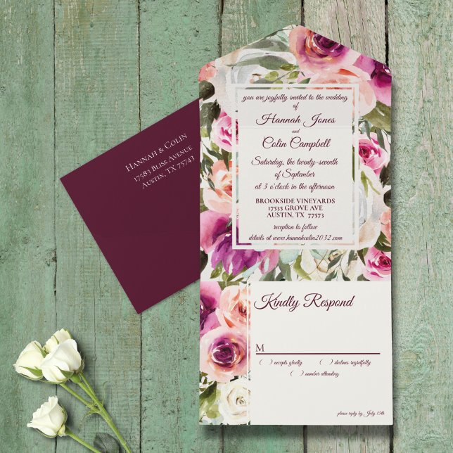 Elegant Floral Frame Pink Blush Purple Peach White All In One Invitation (Creator Uploaded)