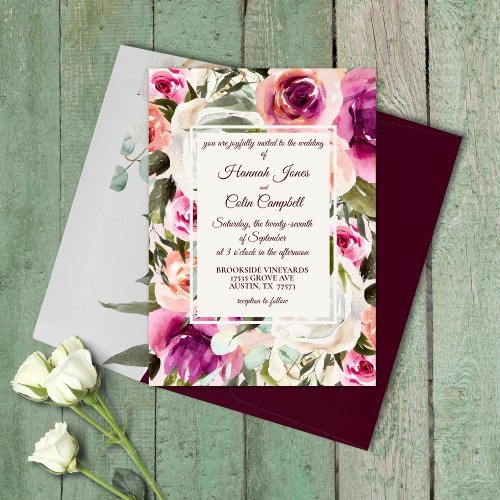Elegant Floral Frame Pink Blush Purple Peach White Invitation