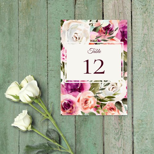 Elegant Floral Frame Pink Blush Purple Peach White Table Number