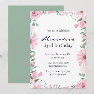 Elegant Floral Frame Pink Green 63rd birthday Invitation