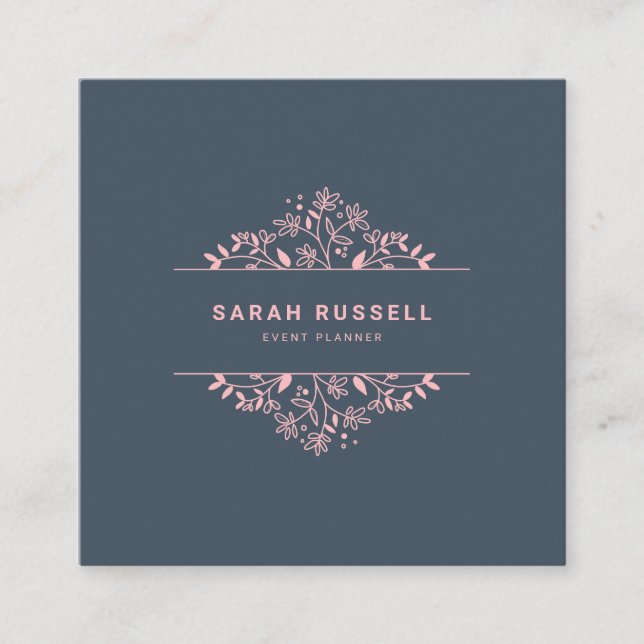 Elegant floral frame pink navy blue event planner square business card (Front)