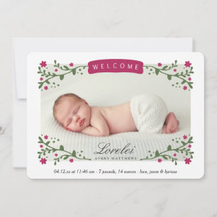 Elegant Floral Frame Plum Baby Girl Photo Birth Announcement