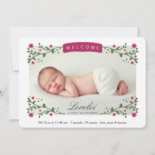 Plum Floral Framed Birth Announcement