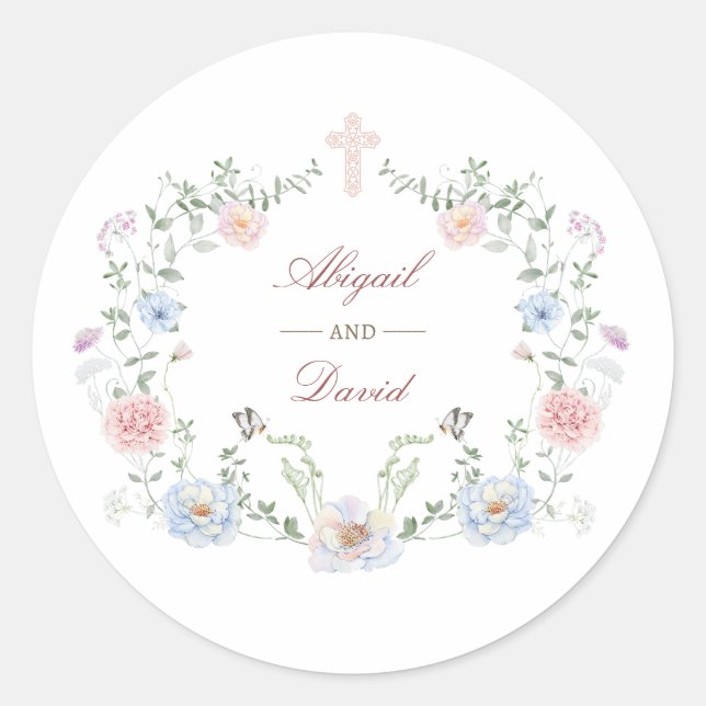 Elegant Floral Frame Religious Wedding Classic Round Sticker (Front)