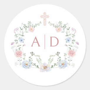 Elegant Floral Frame Religious Wedding Monograms Classic Round Sticker