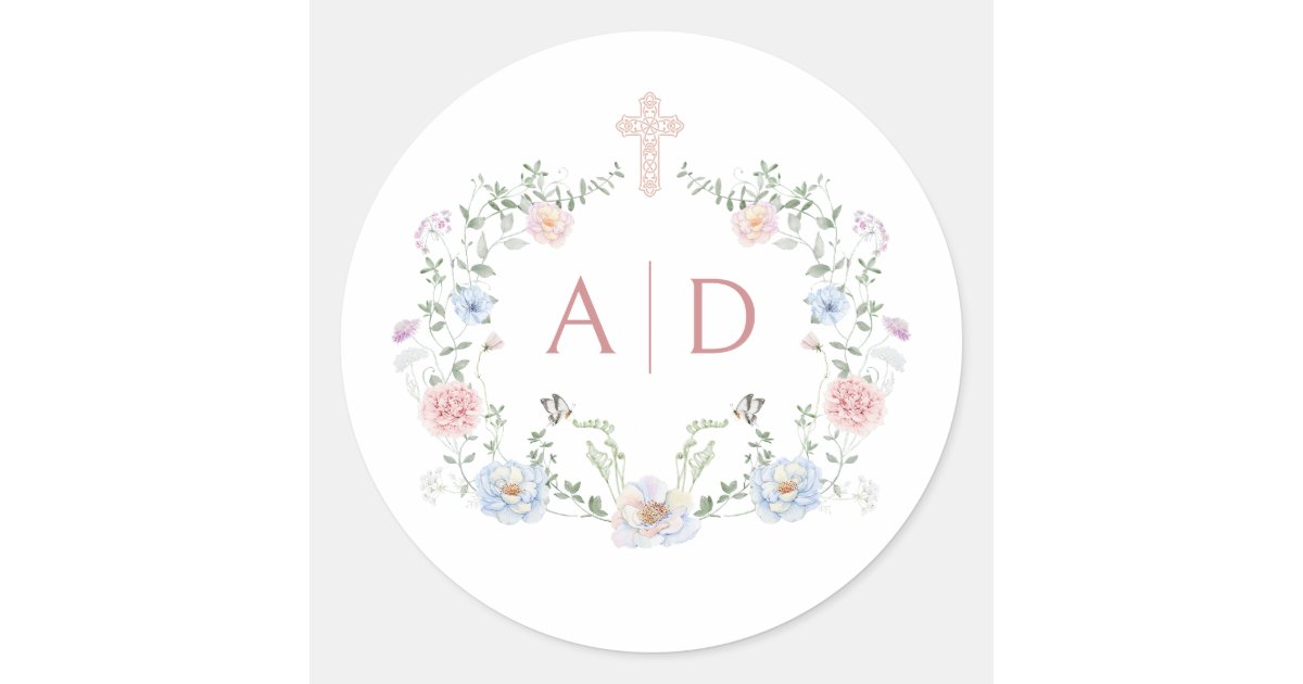 Elegant Floral Frame Religious Wedding Monograms Classic Round Sticker ...