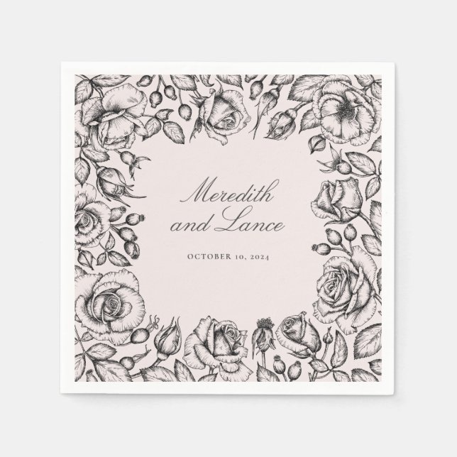 Elegant Floral Frame Script Wedding Napkins (Front)