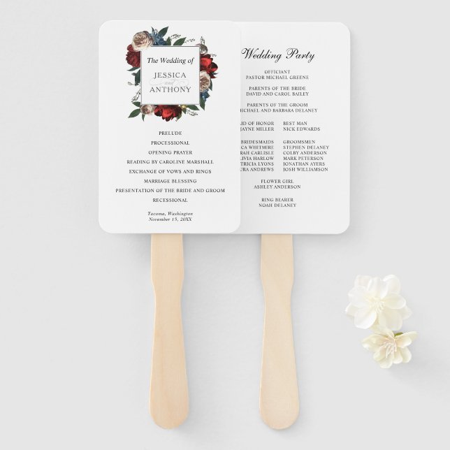 Elegant Floral Frame Wedding Program Hand Fan (Front and Back)