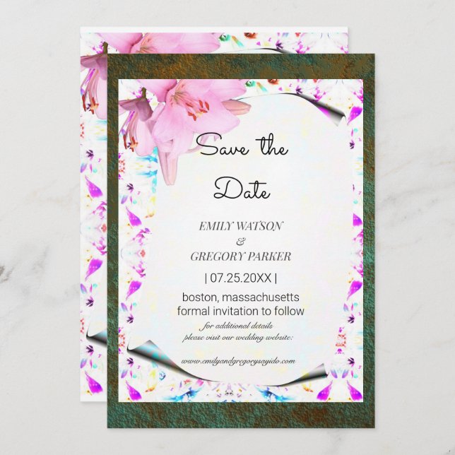 Elegant floral frame with grunge patina background save the date (Front/Back)
