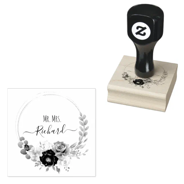 Elegant Floral Frane Monogram Wedding Rubber Stamp | Zazzle