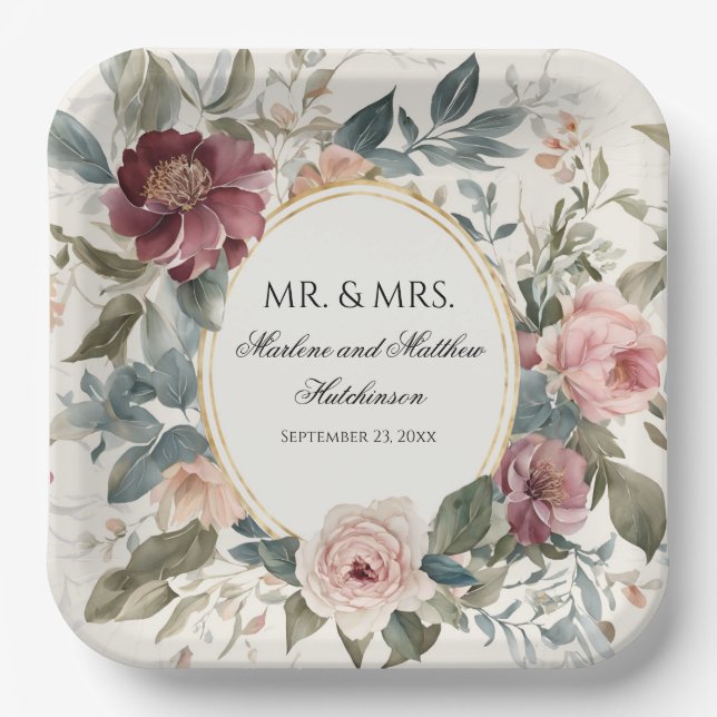 Elegant Floral French Gold Watercolor Wedding Paper Plates (Front)
