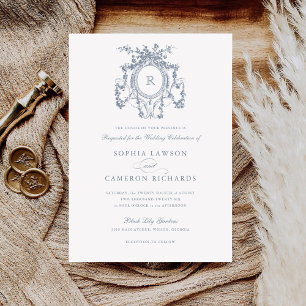 Elegant Floral French Roses Crest Vintage Wedding Invitation