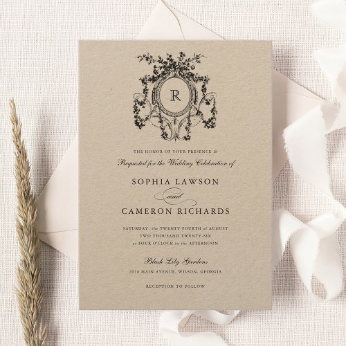 Elegant Floral French Roses Crest Vintage Wedding Invitation