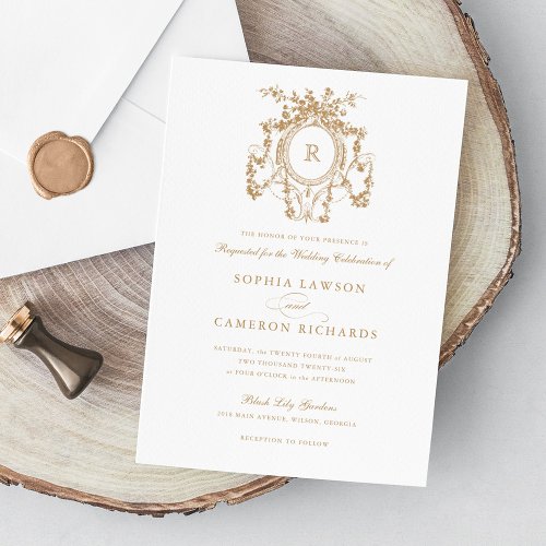 Elegant Floral French Roses Crest Vintage Wedding Invitation