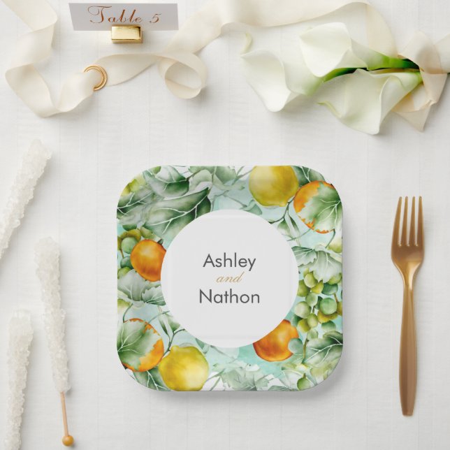 Elegant floral & Fruits watercolour summer Wedding Paper Plates (Wedding)