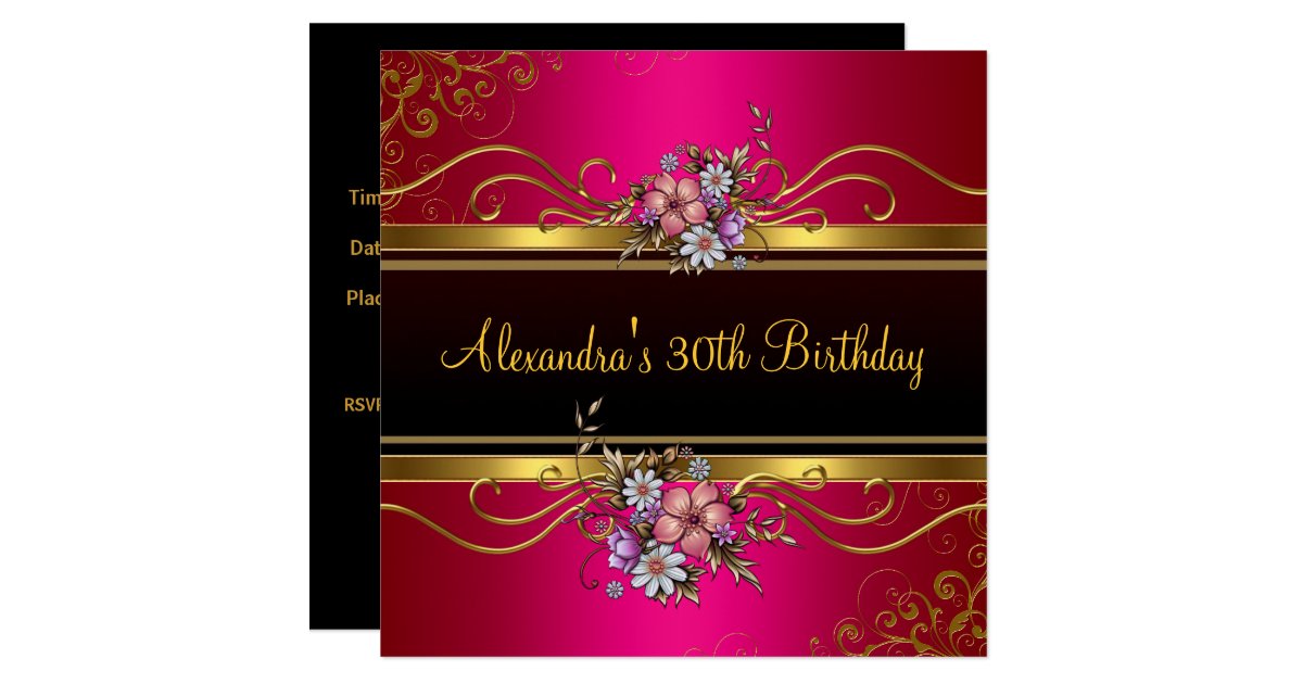 Elegant Floral Fuchsia Pink Gold Jewel Birthday Invitation Zazzle