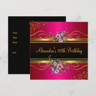 Elegant Floral Fuchsia Pink Gold Jewel Birthday Invitation